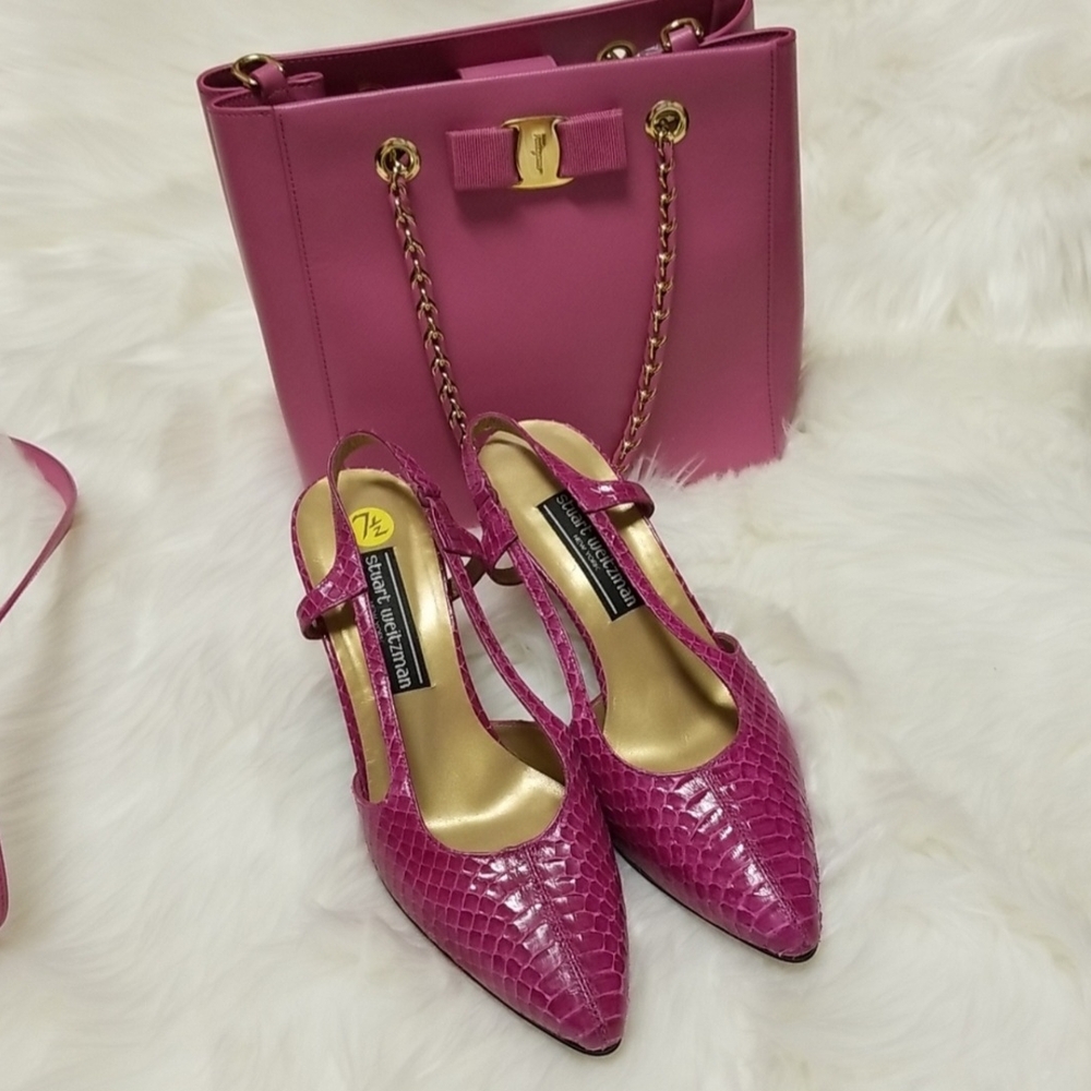 Stuart Weitzman Pink Textured Slingback Heels